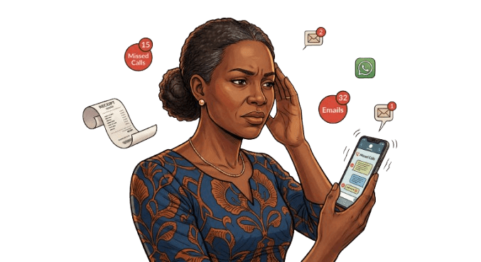 Illustration of a Nigerian school administrator looking stressed while checking her phone