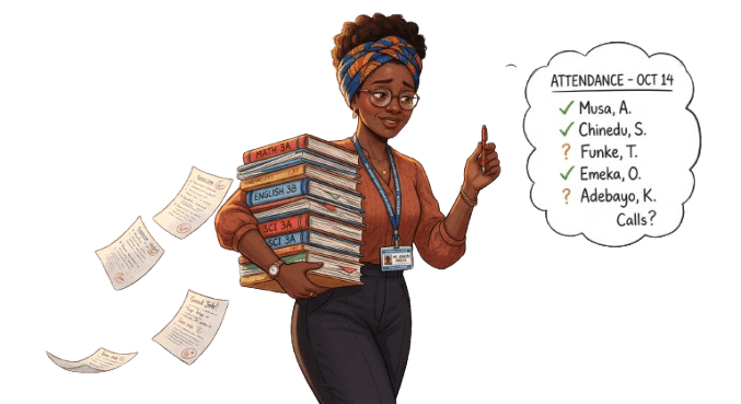Illustration of a young Nigerian teacher carrying a stack of exercise books