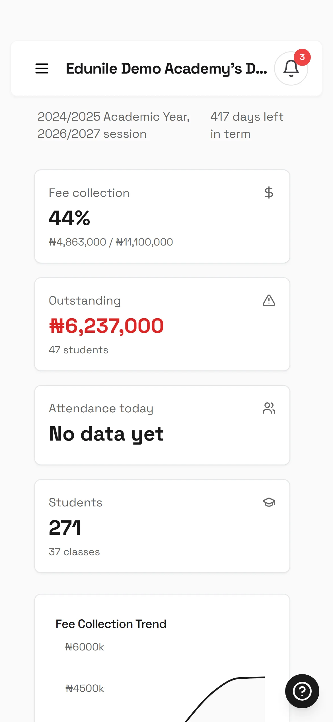 The edunile dashboard on a phone: manage your school from anywhere