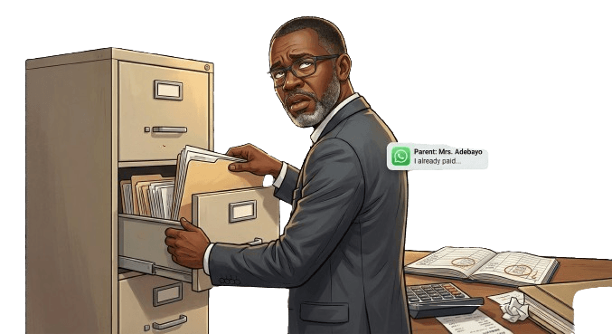 Illustration of a Nigerian school bursar searching a filing cabinet as a parent messages ‘I already paid’