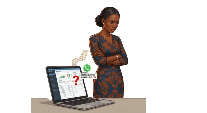 Illustration of a Nigerian school proprietor frowning at unaccounted funds on a laptop